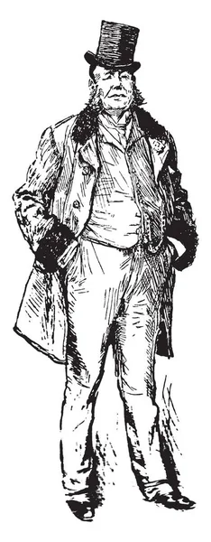 Чоловік Добре Одягненому Одязі Капелюхом Голові Вінтажний Малюнок Лінії Або — стоковий вектор