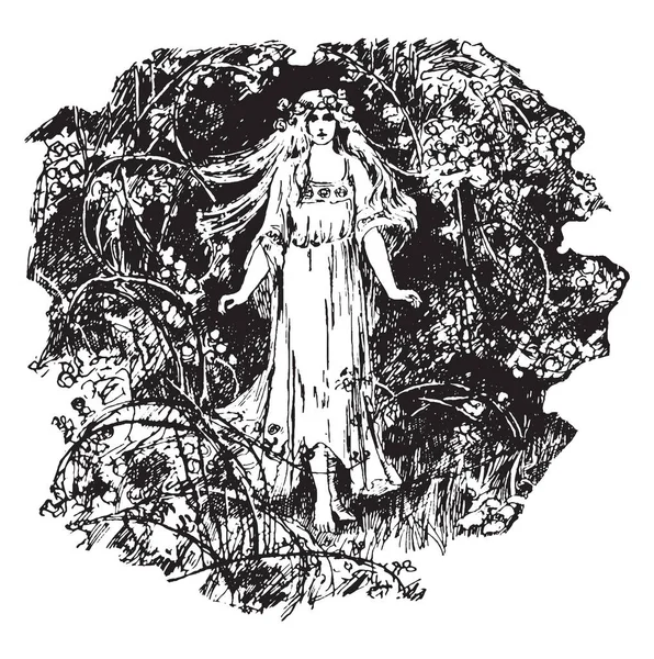 Женщина Короной Цветов Голове Джунглях Рисунок Винтажной Линии Гравировка Иллюстрации — стоковый вектор