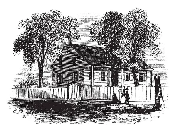 ワシントンの本社 ワシントン占領軍は ホワイト プレーンズにいた間の家はまだ立っています それはヴィンテージの線画を村上約 マイルの道の東側の建物や彫刻イラスト フレーム — ストックベクタ