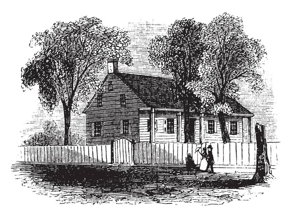 Washington'ın baş-çeyrek. White Plains, ordu iken Washington tarafından işgal ev henüz duruyor. Yolun iki mil köyün, yukarıda Doğu tarafındaki vintage çizim için bina, veya illüstrasyon oyma bir çerçeve.