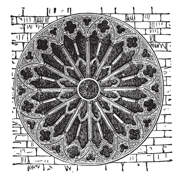 ビンテージの刻まれた図をランス大聖堂のバラ 産業百科事典 1875 — ストックベクタ