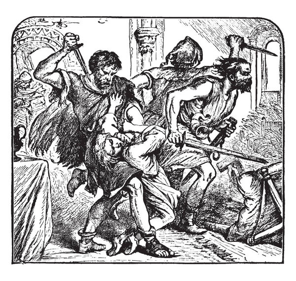 Macduff's Wife and Children Slain, this scene shows three men with swords and knife, a man killing lady with knife, vintage line drawing or engraving illustration