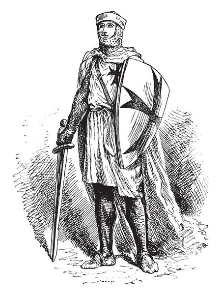 Knight Templar with shield and sword, vintage line drawing or engraving illustration