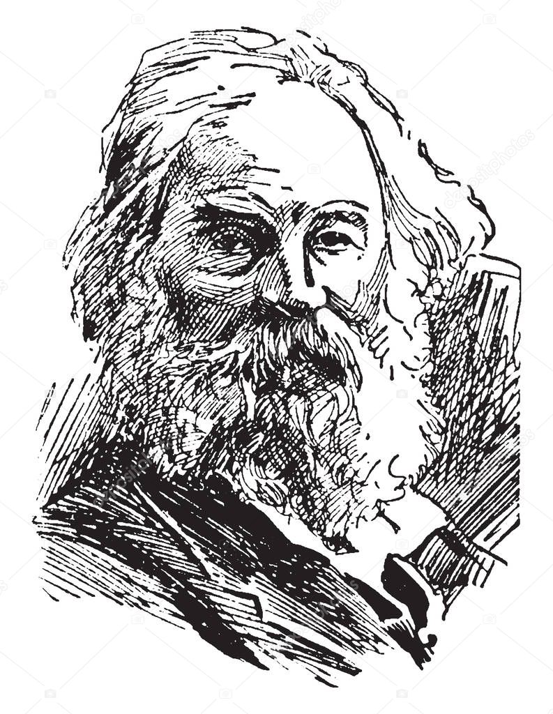 Walt Whitman, 1819-1892, he was an American poet, essayist, and journalist, vintage line drawing or engraving illustration