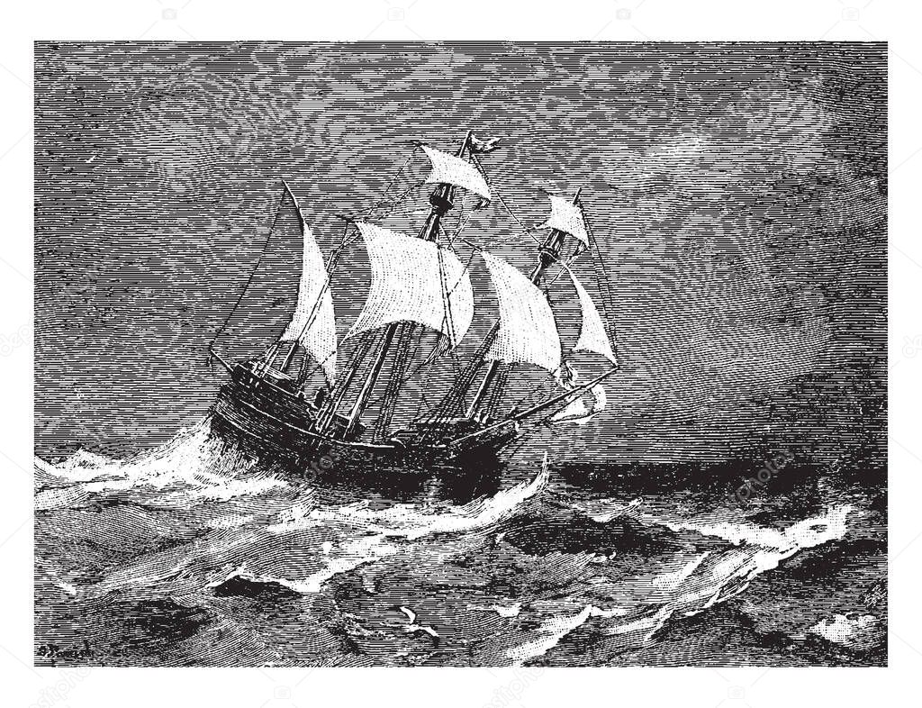 Mayflower was an English ship that famously transported the first English Puritans known today as the Pilgrims from Plymouth, vintage line drawing or engraving illustration.