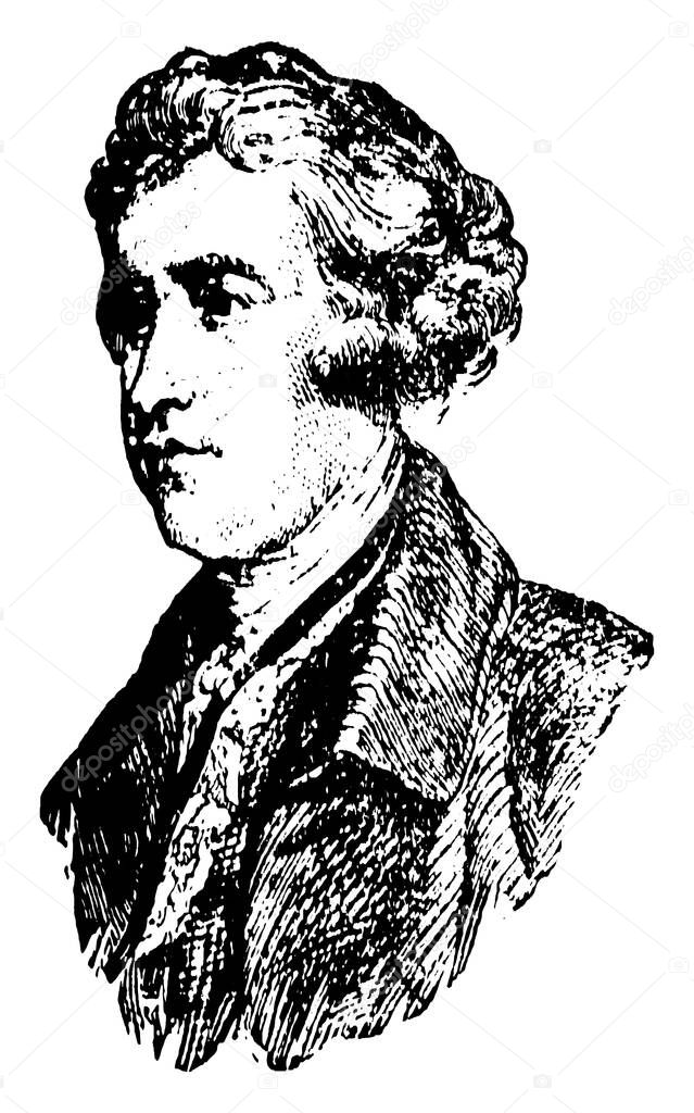 Edmund Burke, 1729-1797, he was an Irish statesman, an author, orator, political theorist, and philosopher, he member of parliament in the House of commons with the Whig party, vintage line drawing or engraving illustration