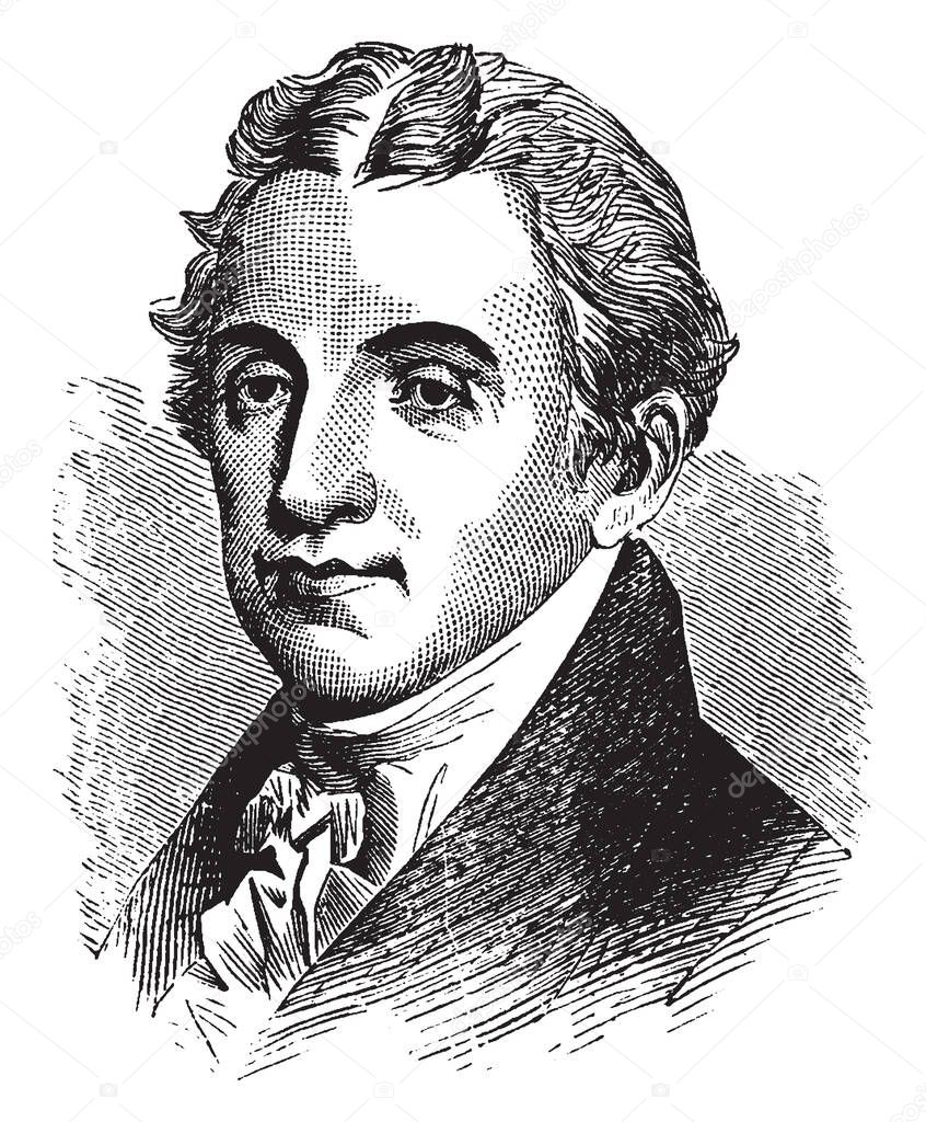 James Monroe, 1758-1831, he was an American statesman, the fifth president of the United States from 1817 to 1825 and eighth United States secretary of war, vintage line drawing or engraving illustration