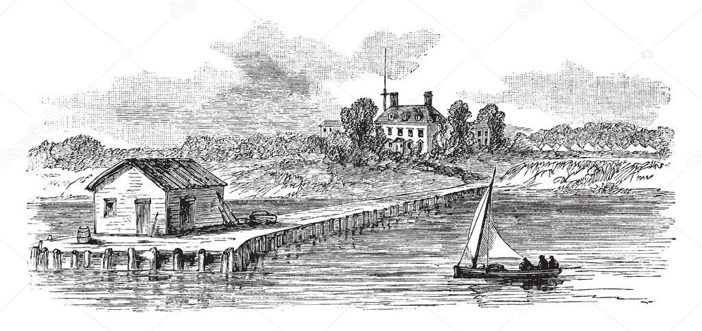 Harrison Landing at Berkeley Plantation is one of the first great estates in America located on the banks of the James River, vintage line drawing or engraving illustration.