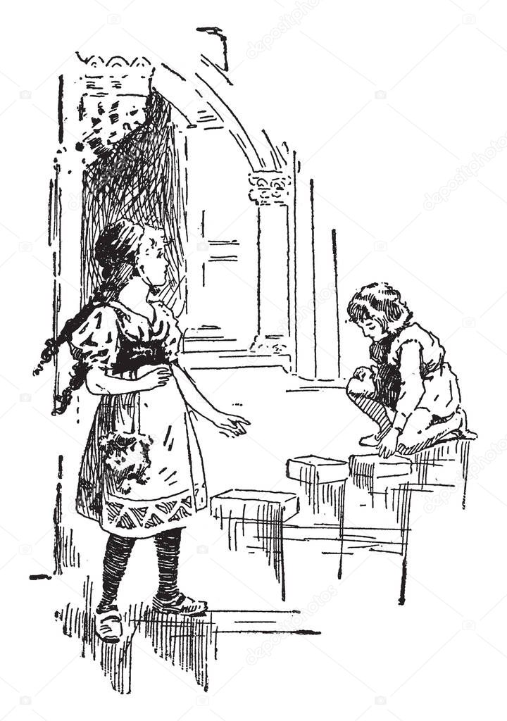 Gerda and Kay, this scene shows two girls, one girl is standing and another girl sitting on knees, vintage line drawing or engraving illustration