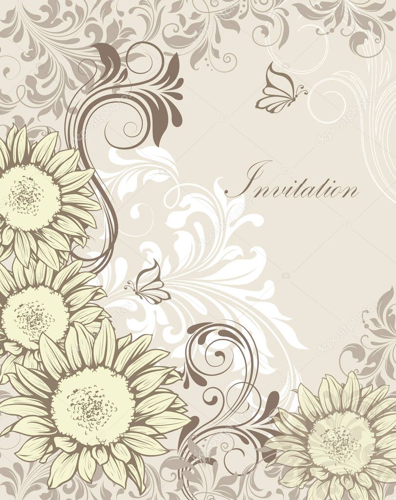 Vintage invitation card with ornate elegant retro abstract floral design, pale yellow white gray and dark gray flowers and leaves on light gray background with butterflies and text label. Vector illustration