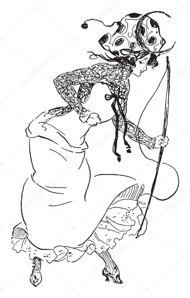 In this picture a women is holding a fishing pole. She also wears a hat, vintage line drawing or engraving illustration.