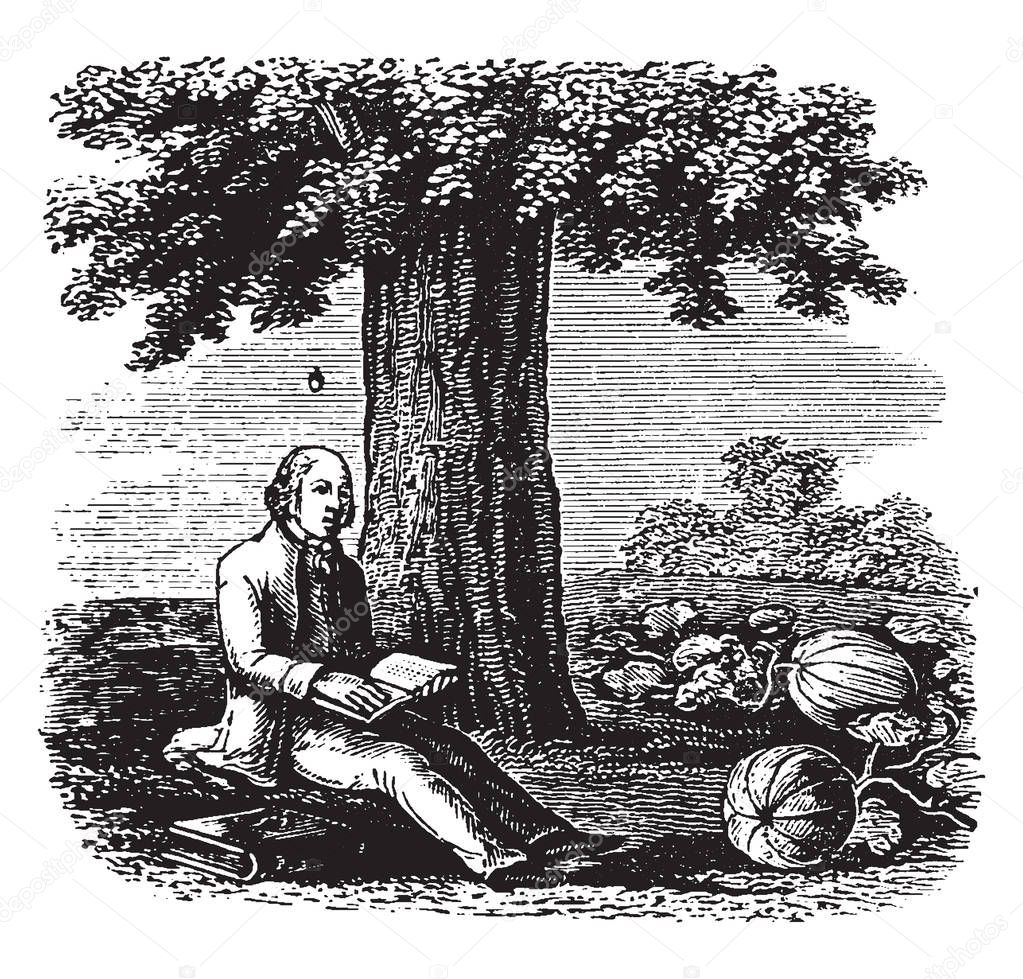 A Man Sitting Under Tree And Holding Book In Hands Small Fruit Falling From Tree And Pumpkins On Ground Vintage Line Drawing Or Engraving Illustration Premium Vector In Adobe Illustrator Ai