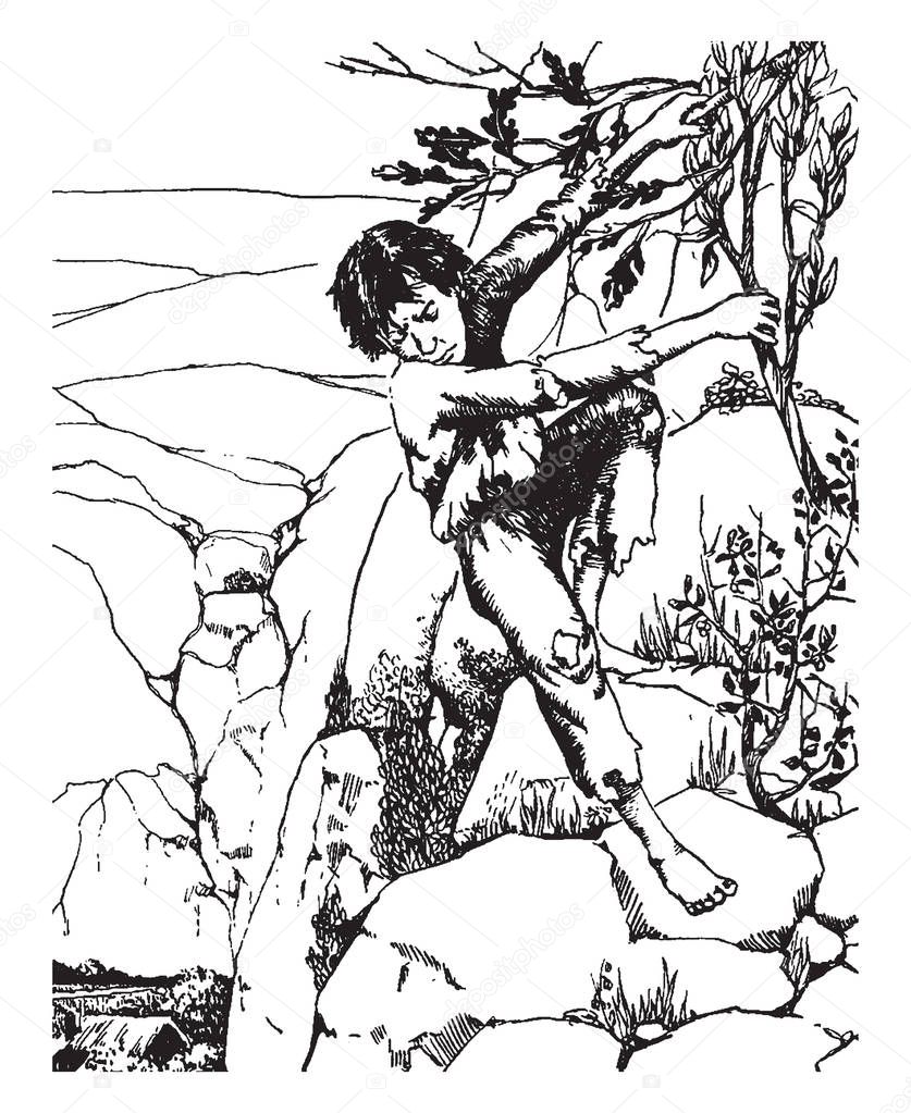 A boy in the mountains taking support of tree, vintage line drawing or engraving illustration