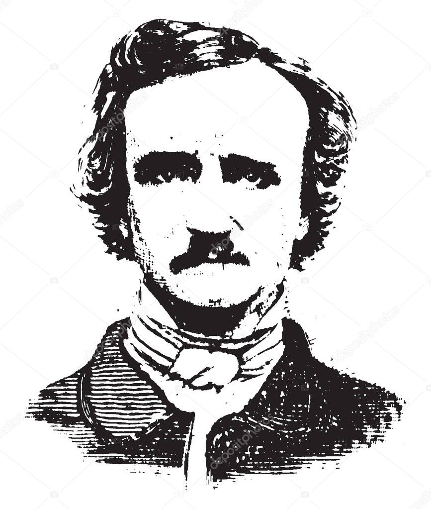 Edgar A. Poe, 1809-1849, he was an American writer, editor, and literary critic, vintage line drawing or engraving illustration