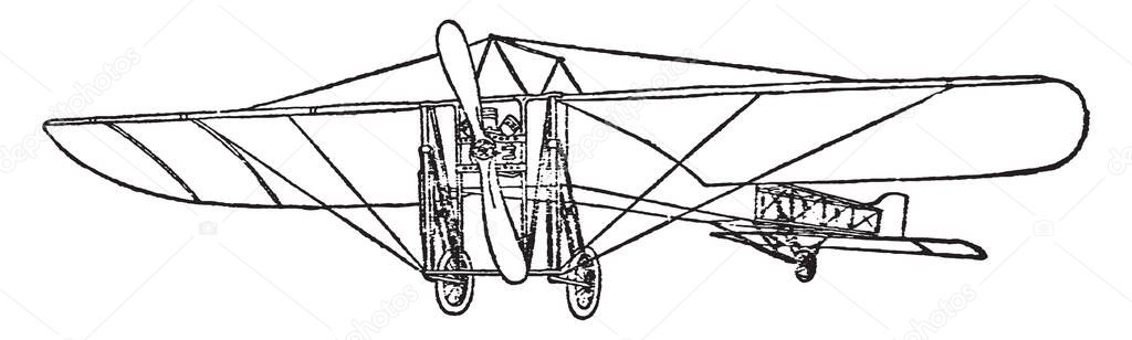Monoplane is a fixed wing aircraft with a single main wing plane, vintage line drawing or engraving illustration.
