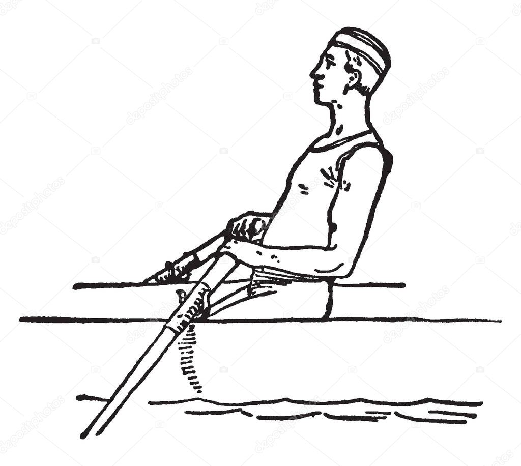Last step & position of the man during rowing, A force is generated to move the boat after pushing against the water with the help of paddles, vintage line drawing or engraving illustration.