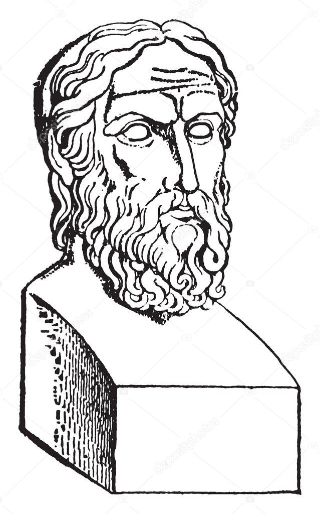 Aristophanes, c. 446  c. 386, he was  a comic playwright of ancient Athens, vintage line drawing or engraving illustration