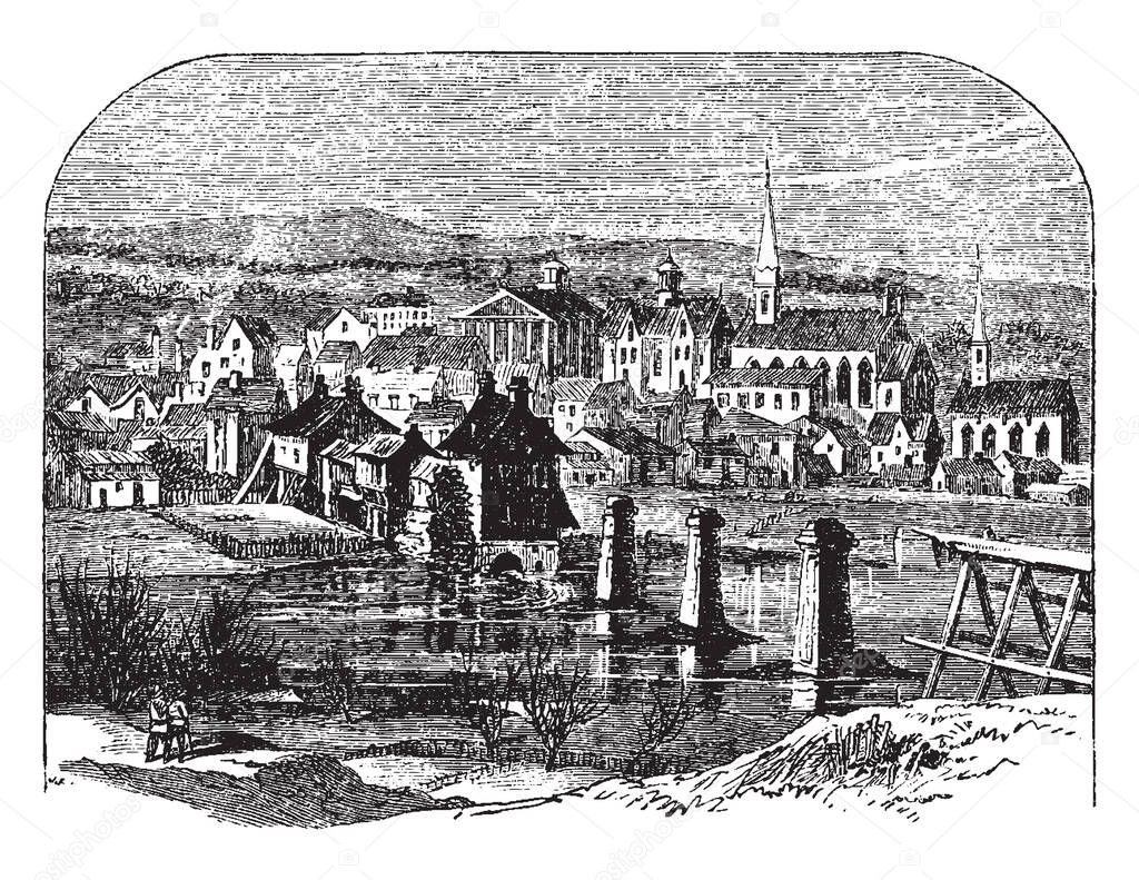 Picture is showing Fredericksburg city's houses located near where the Rappahannock River crosses the Atlantic Seaboard fall line, vintage line drawing or engraving illustration.