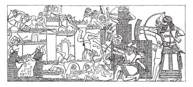 Nineveh is a Siege of a city, it is from the Nimroud Palace, vintage line drawing or engraving illustration. clipart