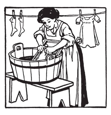 A woman washing clothes on washboard and clothes hanging on rope in background, vintage line drawing or engraving illustration clipart