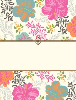 Vintage davetiye süslü zarif retro soyut çiçek tasarım, çok renkli çiçek ve yaprakları Şerit metin etiketi ile bej renkli arka plan üzerinde. Vektör çizim