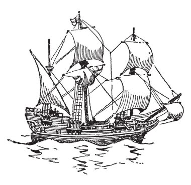 The Mayflower was an English ship which transported the pilgrims to America,vintage line drawing or engraving illustration. clipart