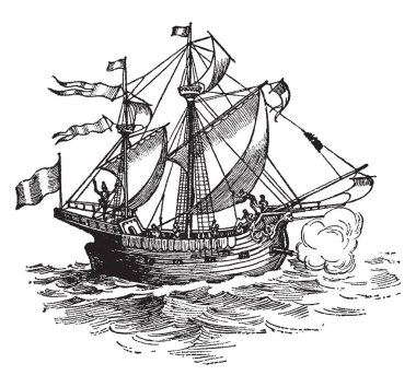 Magellan ship that sailed around the world, vintage line drawing or engraving illustration. clipart