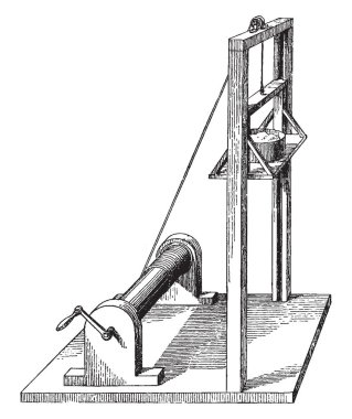 Bu resimde tuğla ve harç küçük kasnak kullanıldığı, vintage çizgi çizme veya oyma illüstrasyon Asansör temsil eder.