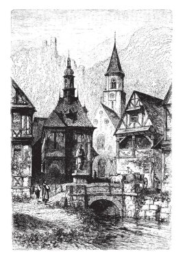 Kara Orman köy içinde Schaffhausen, dersten Basel, vintage çizgi çizme veya oyma illüstrasyon Ren Nehri tarafından kurulan dirsek duruyor.