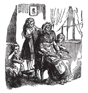 Büyükanne, bu sahneyi sandalyede oturan yaşlı bir kadın gösterir ve yakın sandalyede ayakta ve ona bakıyorsun üç çocuk, vintage satır çizim veya gravür illüstrasyon