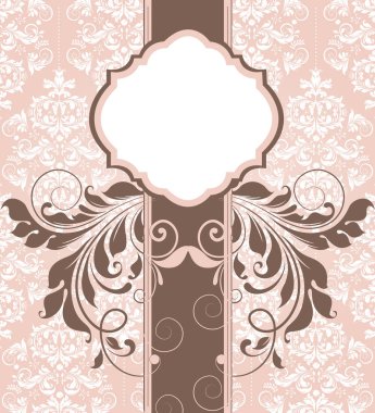 Vintage davetiye süslü zarif retro soyut çiçek tasarım, kahverengi çiçek ve plaket metin etiketi ve şerit bej ve beyaz arka plan yapraklarda. Vektör çizim.