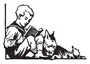 Çocuk oturma köpek okuma ile kitap, çocuk, Erkek, okuma, rekreasyon, çim, vintage çizgi çizme veya illüstrasyon oyma.