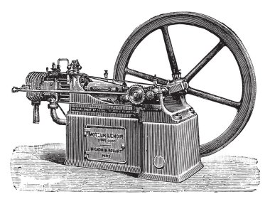 Lenoir motoru, yeni tip, vintage oyulmuş illüstrasyon. Endüstriyel ansiklopedi E.-O. Lami - 1875