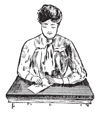 Hattatlık duruş veya sit, kalem pozisyon, vintage çizgi çizme veya oyma illüstrasyon doğru duruş.