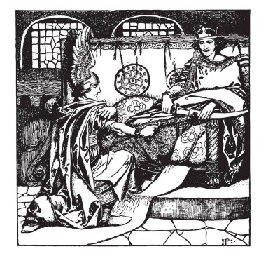 Bir adam önünde Kral, vintage çizgi çizme çökmüş veya illüstrasyon oyma sandalye ve elinde, holding kılıç oturan Kral