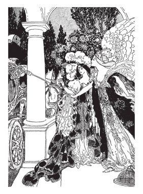 Cinderella, bu sahne melek olan bir dişi gösterir ve melek bir yandan, vintage çizgi çizme veya oyma illüstrasyon sihirli sopa var