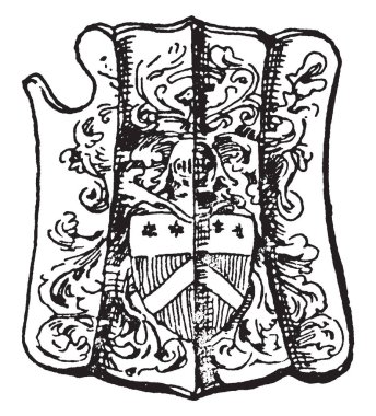 Turnuva kalkan var benzersiz şekli, vintage çizgi çizme veya oyma illüstrasyon.