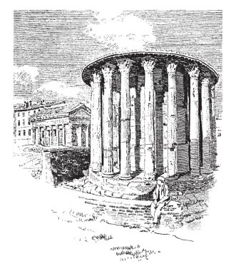 Via Bocca Della Verita, İtalyan binalar ve anıtlar, Roma Architecture, vintage çizgi çizme veya oyma illüstrasyon yuvarlak Tapınağı.