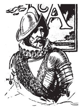 Francis Drake, 1540-1596, he was an English sea captain, privateer, navigator, and civil engineer of the Elizabethan era, and first European visitor to Oregon, vintage line drawing or engraving illustration clipart