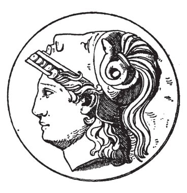 Minerva başından Yunan Tanrıça Athena üzerinde bir tasarım olan bir resim. Bu tasarım sık madalyonlar, vintage çizgi çizme veya oyma illüstrasyon oluştu.