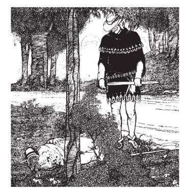 Robin Hood, bu sahne gösterir bir adam adam kafasına şapka ile yere yakın ormandaki ağaç üzerinde uyuyan vintage satır çizim veya illüstrasyon oyma