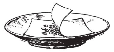 Bu resimde bir kase olduğunu ve içinde iki sayfaları vardır ve iki sayfa, vintage çizgi çizme veya oyma illüstrasyon içinde tohum.