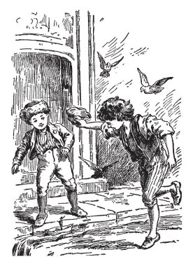 Çocuklar, iki çocuk ve küçük askerler içinde muhafaza tekne arka plan, vintage çizgi çizme veya oyma illüstrasyon uçan kuşlar su üzerinde yüzen bu sahne gösterir