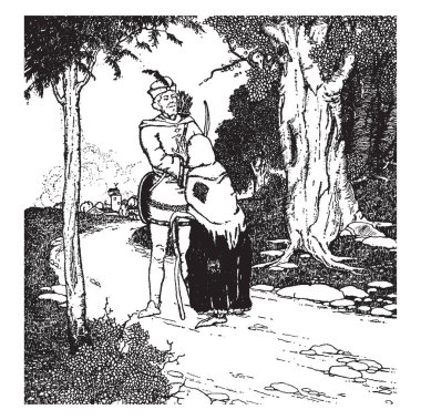 Robin Hood, bu sahneyi tüylü şapkalı bir adam road, arka plan, vintage çizgi çizme veya oyma resimde ağaçların üzerinde yaşlı bir kadın olduğunu gösterir