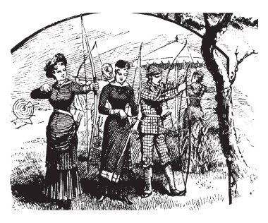 Okçuluk, vintage çizim yapıyor veya illüstrasyon oyma gençler.