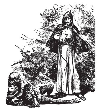 Bir adam yere ve başka bir adam ona öfke, vintage çizgi çizme veya oyma illüstrasyon bakarak kukuleta ile düştü