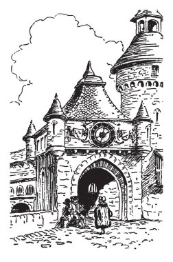 Saat, dışında oturan bir adam ve başka bir adam ev, vintage çizgi çizme doğru yürüyüş veya illüstrasyon oyma bu sahneyi Rondaine saatler ile büyük bir ev gösterir