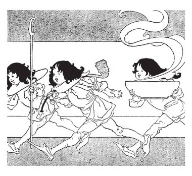 Kase ve boru, üç kız bir diğer arkasında yürümek bu sahne gösterir, kız onu eller, ilk kız holding sopa, vintage çizgi çizme ve gravür illüstrasyon holding kapta son