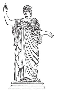 Başkaları ile bilgi paylaşımı Athena heykeli poz, vintage çizgi çizme veya oyma illüstrasyon.