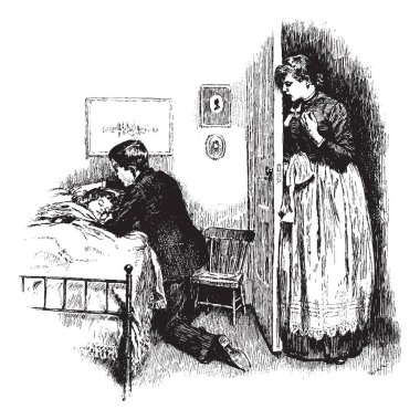 Bir adam yatakta ve çizim için vintage, onları izlerken veya illüstrasyon oyma bir kadın hasta çocuk bakımı